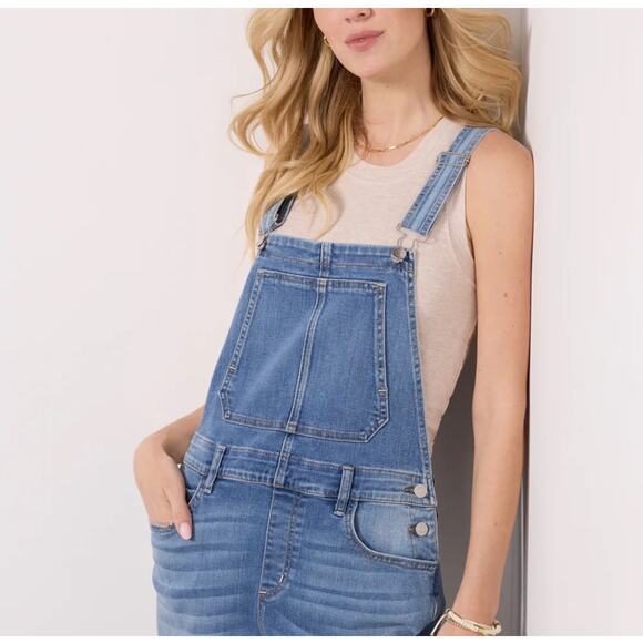 Evereve Stretch Denim Wide Leg Cropped Crop Bib Overalls Raw Hem Jean womens 30 - Picture 3 of 16